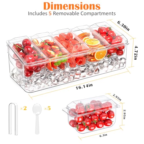 ARSTPEOE Condiment Tray, Chilled Condiment Server for Home, Party, Celebration, Bar Garnish Holder on Ice, Bar Accessories Fruit and Salad with Removable Trays and Lids (5 Spoons & 2 Tongs) by ARSTPEOE - Image 2