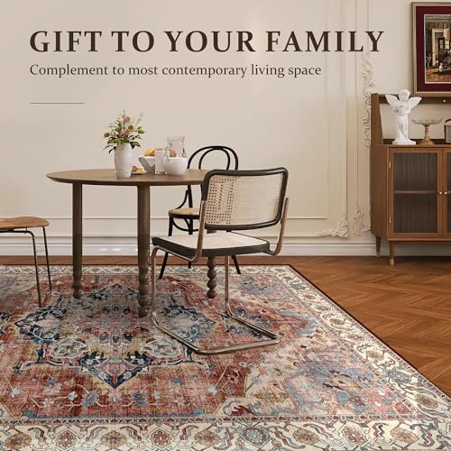 Deerly Washable Bedroom Area Rug 4x6 Indoor Thin Carpet for Living Room Boho Vintage Rug for Kitchen Entryway Dining Room Office Non-Slip Low Pile, Brickred/Multi