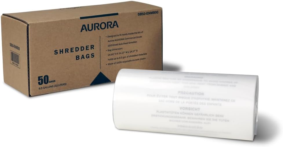 Aurora SB50 Shredder Bags, Design for Aurora AU200MA and AU220MB auto feed shredders, Hold up to 8.5 Gallon of shredded materials, 1 Roll of 50 Bags