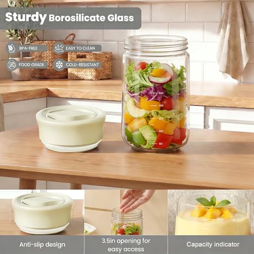 LAKUMIQI Overnight Oats Containers with Lids, 27oz Glass Jars with Airtight Lids, One-Hand 90° Twist-Off Wide Mouth Food Storage for Coffee Bean, Chia Pudding, Meal Prep, Pantry, Beige — view 6