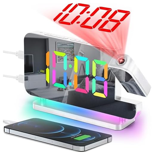 SZELAM Projection Alarm Clock,7.4" LED Mirror Digital Clocks Large Display,with 180° Rotatable Projector,RGB Night Light,USB C Port,Auto Dimming,Modern Desk Clock for Bedroom Decor - White
