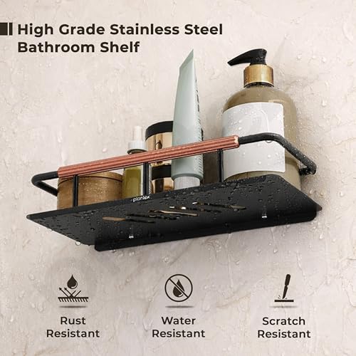 Image of Plantex Self Adhesive Bathroom Shelf /Stainless Steel Bathroom Shelf Rack /Wall Shelf for Bathroom /Bathroom Organiser Without Drill /Bathroom Accessories SetPack of 1 (12x5 inches, Copper & Black)