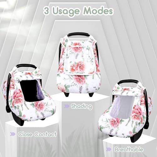 Image of Baby Carseat Cover Girls, Pea Pod Floral Infant Car Seat Covers Canopy for Newborn with 2 Layers Windows of Breathable Mesh /Fabric, Lightweight Polyester /Minky Dot Backing, Snug Fit Most Baby Car Seat