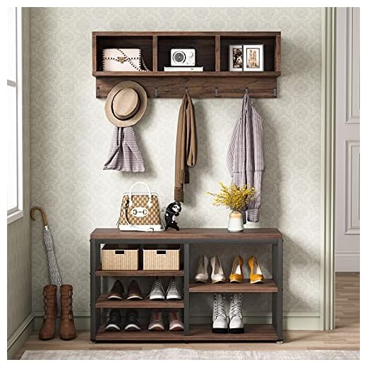 Tribesigns Coat Rack Shoe Bench Set, Hall Tree with Shoe Bench, Industrial Shoe Rack Bench with Coat Rack, 3 Storage Cubbies, 7 Hooks for Entryway, Hallway, 5-in-1Design, Rustic Brown