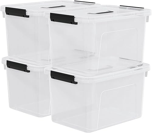 Quickquick - Cajas de almacenamiento de plástico transparente de 18 cuartos de galón, contenedor de pestillo con asa, 4 paquetes