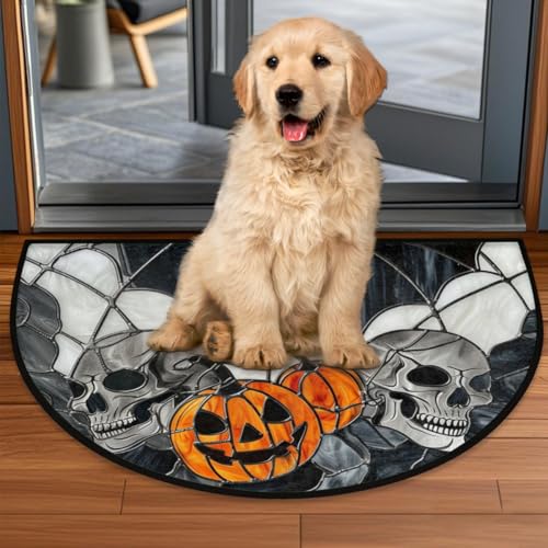 Image of cfpolar Half Round Door Mat Halloween Skull Pumpkin Bat Non-Slip Semi Circle Area Rug Washable Half Moon Hearth Rugs for Indoor Outdoor Bathroom Kitchen Patio Runner Mat Laundry Room Home Decoration