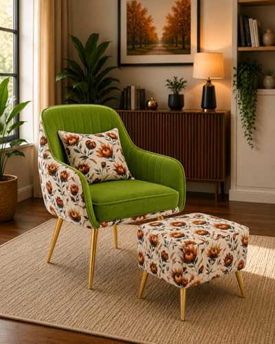 Image of Floral Accent Chair with Ottoman | Premium Velvet Upholstered Armchair with Golden Metal Legs | Modern Lounge Chair for Living Room, Bedroom & Reading Corner | Designer Chair 1pc