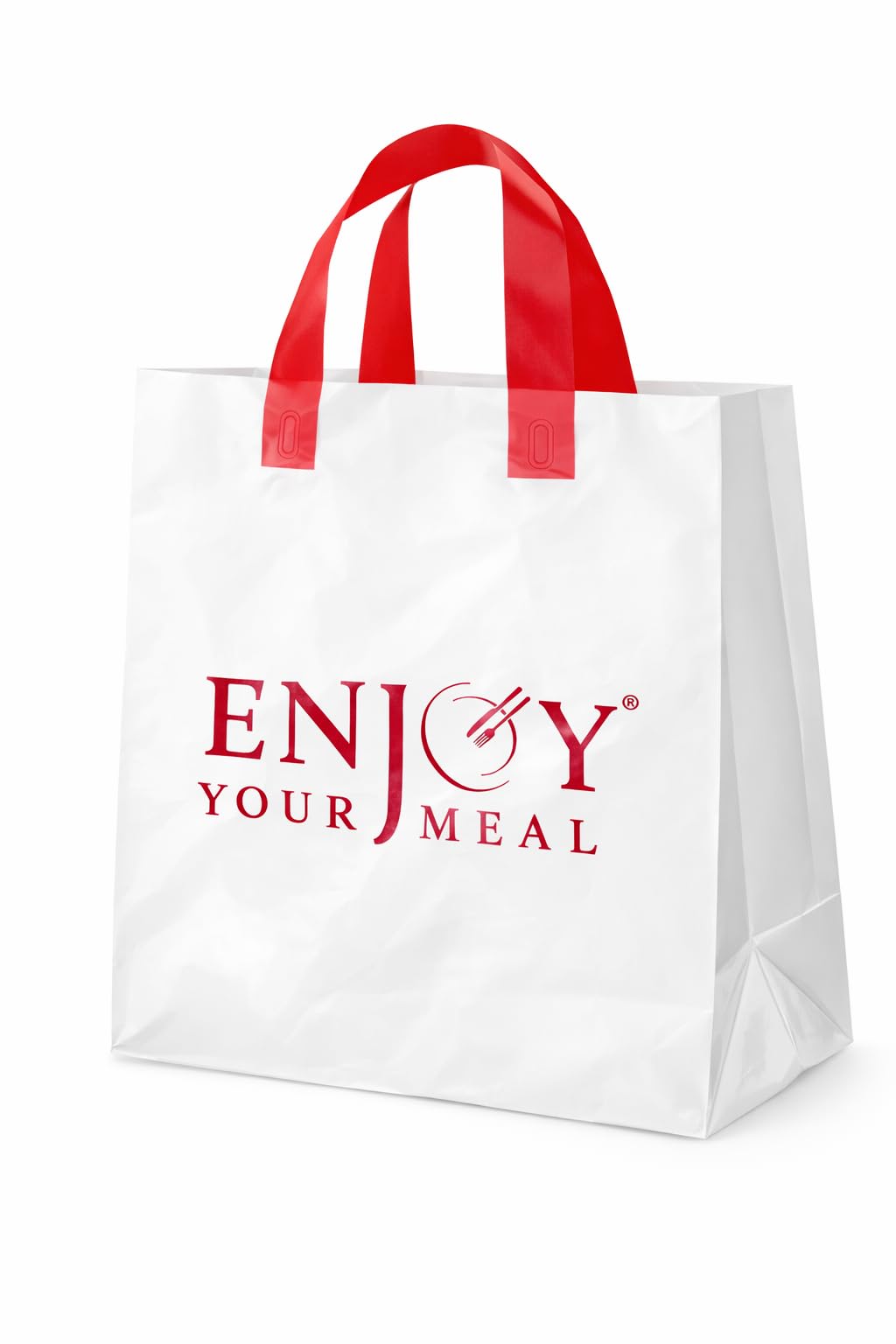 Plastic Takeaway Carrier Bags with Soft Loop Handles, White with Red ENJOY YOUR MEAL Print, HDPE Material ReusableTear Resistant Gusseted Flat Bottom for Carryout Takeout, 29.5x29x13cm, 25 Pack