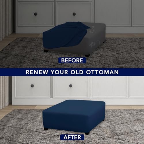 Image of PureFit Super Stretch Form Fit Square Ottoman Cover Rectangle - Ottoman Slipcovers for Foot Stool & Folding Storage Furniture for Living Room with Nonslip Elastic Bottom (Medium-XL, Navy)