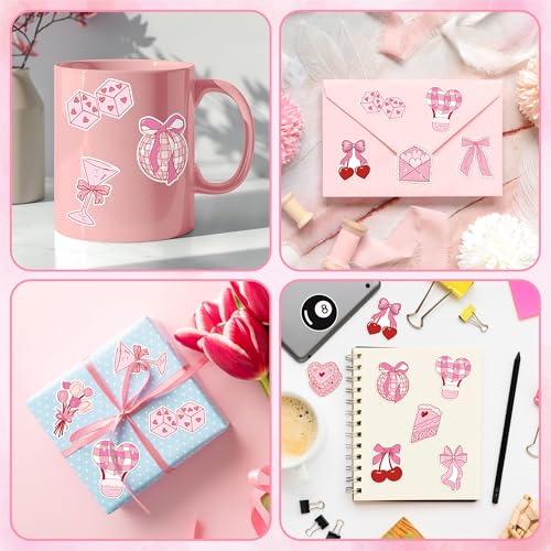 Image of Pink Bow Stickers Rolls - 1000 Pcs Retro Vintage Coquette Bow Aesthetic Pink Waterproof Vinyl Reusable Laptop Sticker Scrapbook Water Bottle Page Activity Pad Brithday Party Favor Skateboard