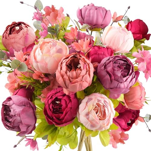FiveSeasonStuff Vintage Artificial Peonies Silk Flowers and Hydra...