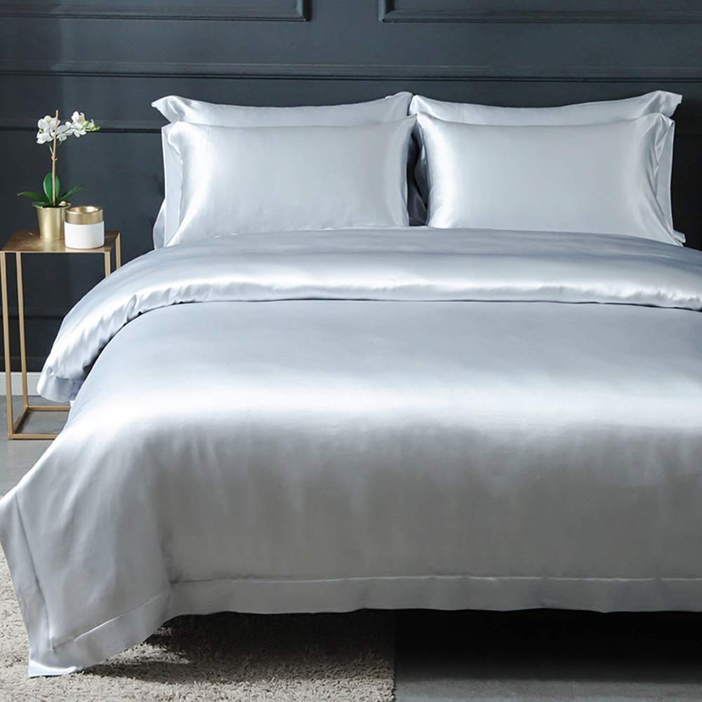 Orose 4Pcs 22MM Silk Sheets Set Queen Size 100 Mulberry Silk Bed Set Seamless Thick Deep Pocket-Silver Blue