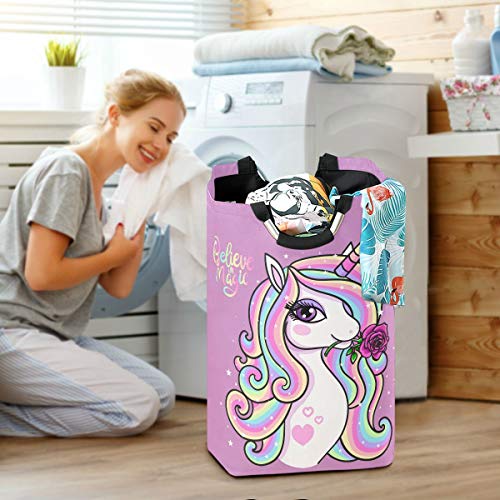 Unicorn Girl Rose Laundry Baskets Hamper Flower Rainbow Large Dirty Clothes Bag Magic Animal Washing Bin Horse Clothing Holder Floral Kids Toys Books Storage Organizer College Bathroom Bedroom Dorm