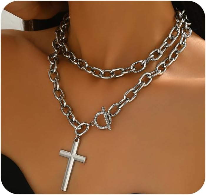 Chunky Layered Gold Cross Choker Necklace for Women,Vintage Punk Cross OT Buckle Statement Pendant Necklace,Fashion Jewelry Accessories Gifts