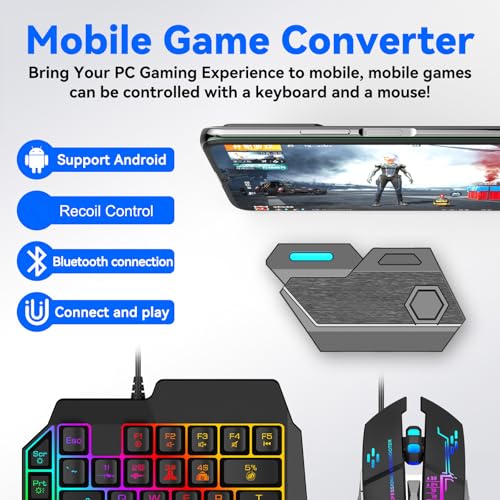 Image of 5 in 1 Mobile Game Combo Pack Pro with RGB Mini Gaming Keyboard & Mouse with Side Button, Gaming Adapter with Mobile Game Converter for Android (Wireless (APP Require))