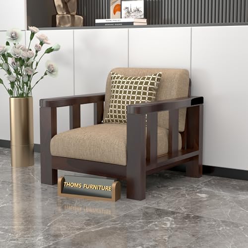 Image of Sheesham Wood Single Sofa Chair | Premium Single Seater Sofa for Living Room, Bedroom & Office | Elegant Home Furniture Single Person Wooden Sofa (Evans Walnut, 1 Seater)