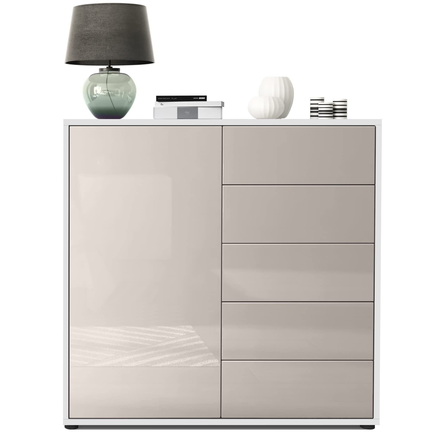 Vladon Sideboard Ben V2, Made in Germany, Kommode mit 1 Tür und 5 Schubladen, Weiß matt/Sandgrau Hochglanz (79 x 74 x 36 cm)