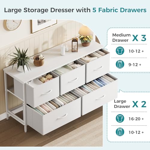 Image of OLIXIS White Dresser for Bedroom, Wide Chest of Drawers for Clothes Storage | Fabric Bedroom Dresser with 5 Drawers, Storage Organizer Unit with Fabric Bins, Wooden Top, Living Room
