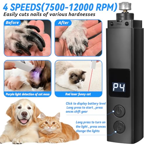 BUOAZR Krallenschleifer für Hunde 4-Gang mit LED-Licht,Elektrischer Hundekrallenschneider, Superleise, USB Wiederaufladbar Hundekrallenfeile für Große, Mittelgroße und Kleine Hunde und Katzen(Schwarz)
