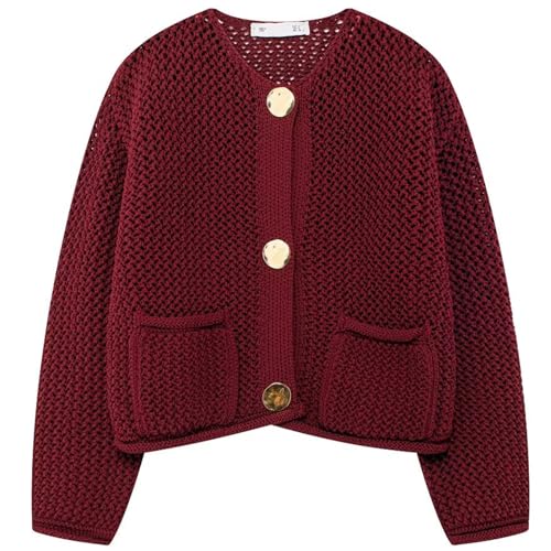 Image of Wyeysyt Womens Cropped Cardigan Sweaters Chunky Knit Gold Button Down Open Front Cardigan Long Sleeve Crop Crochet Sweaters