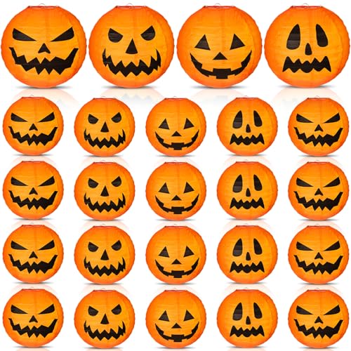 Retisee 24 Pcs Halloween Pumpkin Scary Eyeballs Paper Giant Lantern Jack O Lantern Orange Garden Decoration for Halloween Party, Indoor Outdoor Decor, 12 inches(Pumpkin)