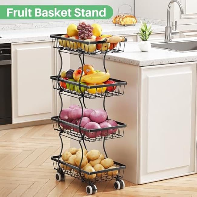 Fruit Basket Kitchen Pantry Organizers and Storage - 4 Tier Stackable Metal Wire Basket Stand for Fruit Vegetable Snacks Jars Bins Containers Organization, Black-R5zv4MQz