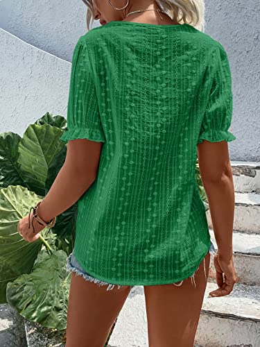 Makemechic Women's Eyelet Embroidered Lace Trim Puff Sleeve V Neck Blouse Shirt Top Green Xl #TOP1