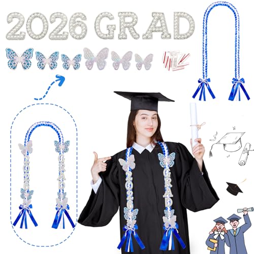 Image of Class of 2026 Graduation Leis,Blue& White Bow Pearl Graduation Lei Ribbon with DIY Butterfly Pin Accessories,Her Graduation Gifts for Woman Graduate