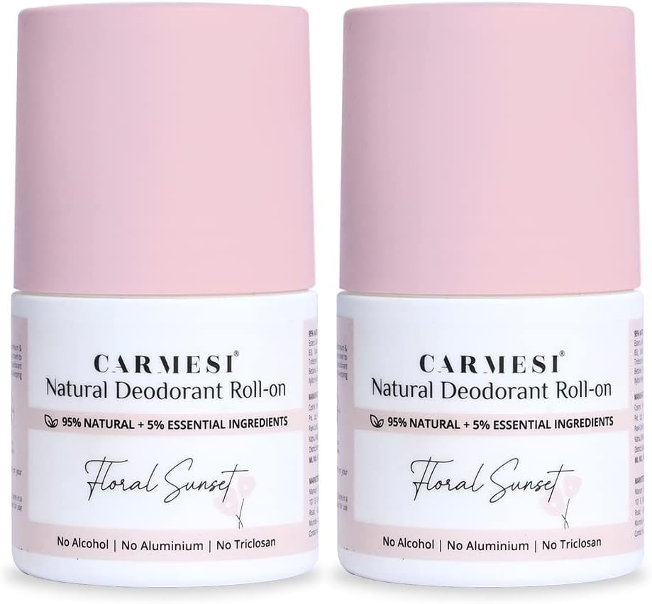 Carmesi Natural Underarm Roll On Deodorant for Women | 95% Natural + 5% Essential Ingredients | For Fresh Underarms All Day | No Alcohol & Aluminium | Floral Sunset | 50 ml (Pack of 2)