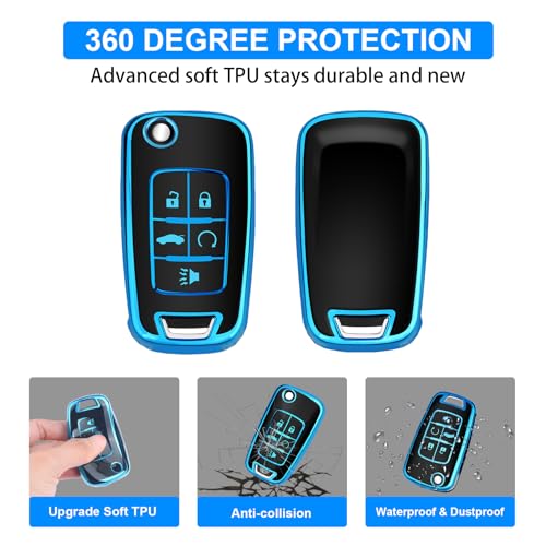 Image of QBUC for Chevy Key Fob Cover with Keychain Fit for Chevrolet Equinox Buick Camaro Cruze Malibu Impala Sonic Full Protection (Black /Blue)