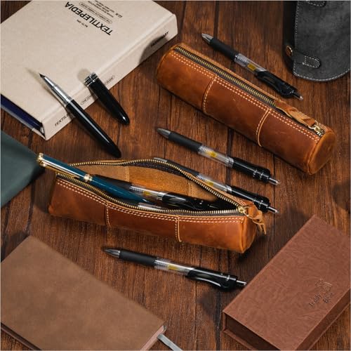 Image of ECHSRT Genuine Leather Pencil Pouch for Adults, Slim Cylinder Case, Brown | Full-Grain Cowhide Leather, Crazy Horse Finish, Slim Cylinder Design, Single Zipper, Vintage Pen Organizer for Adults