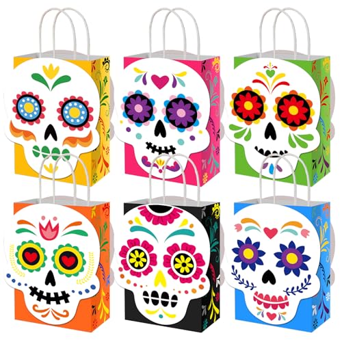 MotiMind 24 Pcs Day of The Dead Paper Gift Bags, Elegant Style