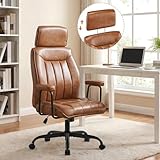 Ckaff Bürostuhl Ergonomisch, PU Leder Chefsessel mit Verstellbarer Kopfstütze, Schreibtischstuhl mit Gepolsterter Armlehnen und Höhenverstellbar, Neigefunktion, Drehstuhl Mit Rollen, Braun