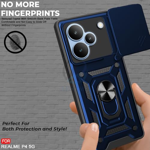 Image of AESTMO Tough Armor Realme P4 5G Bumper Back Case Cover | Ring Holder & Sliding Camera Shield Cover | 360 Degree Protection Back Case Cover for Realme P4 5G (Blue)