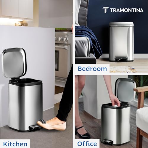 Image of TRAMONTINA 12 Litre Stainless Steel Step Dustbin | Fingerprint-Resistant Finish | Soft-Close Lid | Removable Inner Bucket | Square Trash Can for Home, Office & Hospitality
