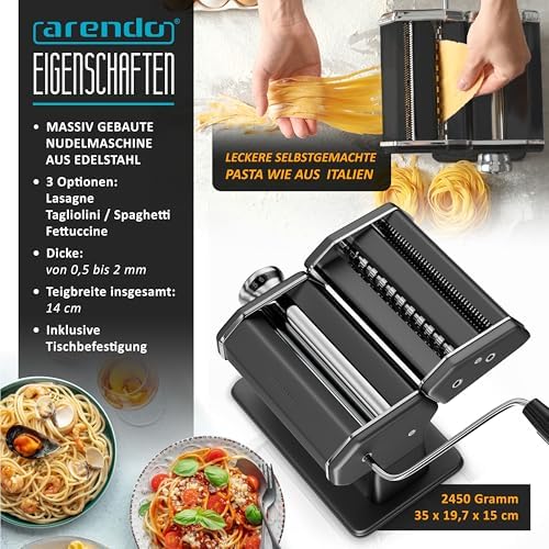 Bild 1 - Arendo - Nudelmaschine Pasta Maker – Edelstahl – Nudelpresse – 7 einstellbare Stärken - manuell - Duplexvorsatz für Tagliolini Spaghetti Fettuccine Tagliatelle 2mm und 6 mm - Schwarz Matt