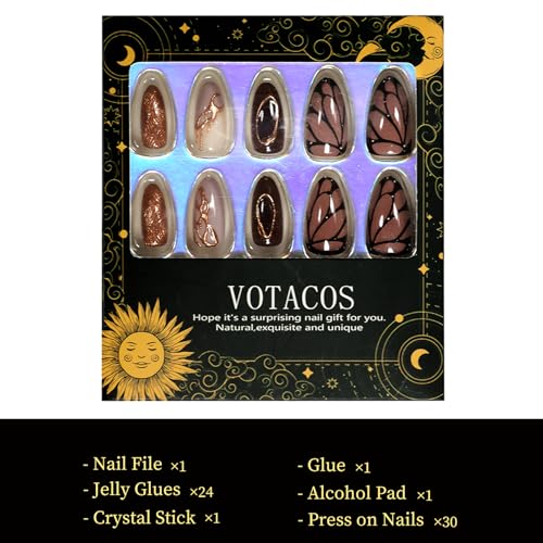 VOTACOS 24PCS Brown Acrylic Press on Nails Almond Medium Gold Glitter Fake Nails Press Ons with Designs Butterfly Pattern Glue on Nail for Women 3D Line Design Reusable Artificial Stick on False Nail — view 5