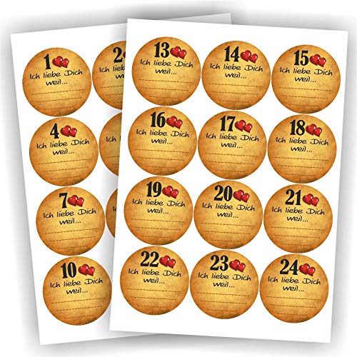 24 Aufkleber Ich liebe dich, weil... Adventskalender Zahlen Aufkleber Sticker Etikett Fest Weihnachten