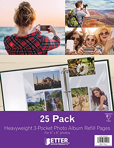 Photo Album Refill Sheets, 4 X 6 Inch Mixed Format, Heavyweight, Diamond Clear 3 Ring Photo Binder Page Refills, By Better Office Products, 150 Total Photos (25 Pack) #TOP7