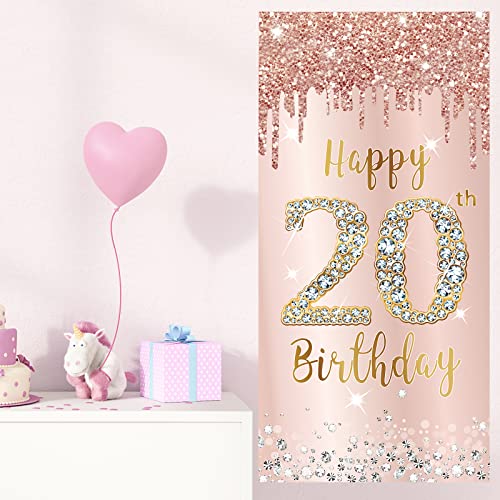 Image of Happy 20th Birthday Door Banner Decorations for Women, Pink Rose Gold 20 Birthday Door Cover Backdrop Sign Party Supplies, 20 Year Old Birthday Poster Background Photo Booth Props Decor