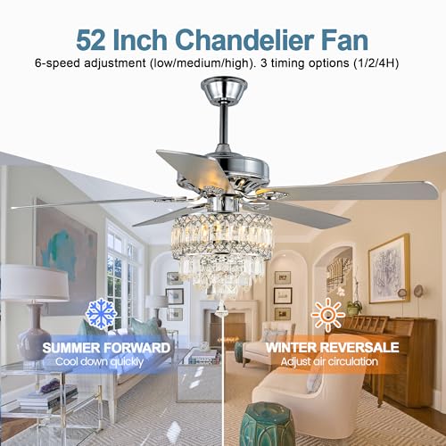 Image of 52'' Modern Crystal Chandelier Ceiling Fan with Light