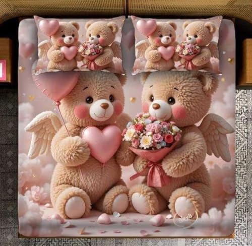 Image of Premium 7D Digital Printed Cotton Flat Bedsheet (90 X 100) Inch with 2 King Size Pillow Covers -300 TC Fabric, Design & Superior Comfort Double Bedsheet for Double Bed (Pink - Teddy Bear)