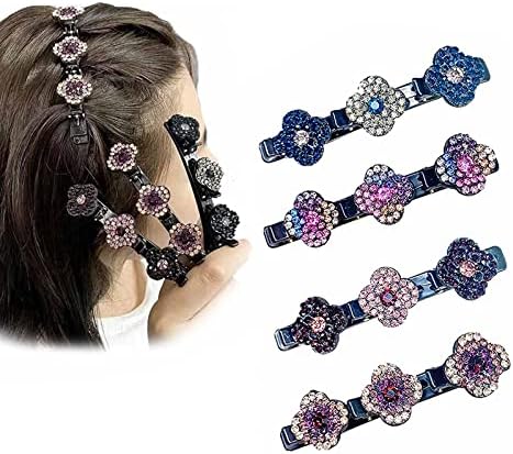 Atuyina Sparkling Crystal Stone Braided Hair Clips Party Favors Satin Fabric Hair Bands, Four-Leaf Clover Chopped Hairpin Duckbill Clip Valentines Day Gifts for Her Girls and Women (4PCS)