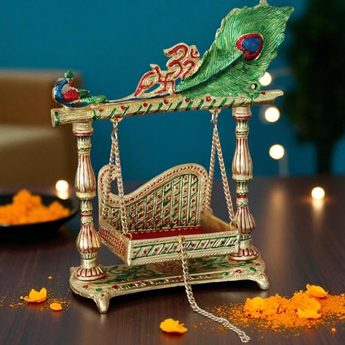 Image of KridayKraft Decorative Krishna Jhula Swing, Metal, Gold-Plated with Peacock Design, 30x20 cm, 750 GM