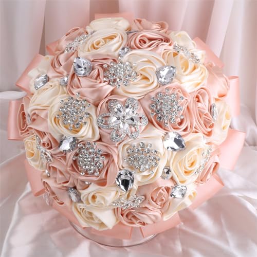Mhojpik 7.5" Peach Pink & Cream Bridal Wedding Bouquet Throw Toss Artificial Rose Flower Bunch with Bling Brooch for Bride Bridesmaid Wedding Quinceanera