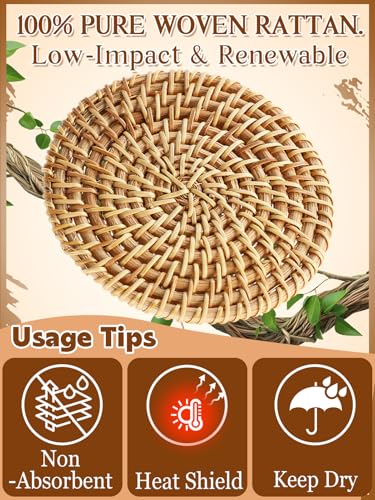 6pcs Natural Handmade Rattan Coasters with Holder - Wicker Drink Coasters Set for Protecting Table, Housewarming Gifts Boho Fall Home Decor - Image 3