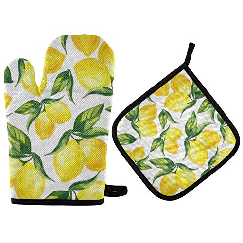 susiyo Summer Lemon with Green Leaves Kitchen Oven Mitts Pot Holders Sets Heat Resistant Machine Washable BBQ Gloves for Cooking Baking Grilling