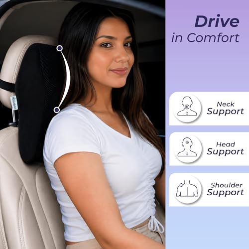 Image of Billebon Memory Foam Car Neck Pillow | Universal Headrest Cushion| Mesh Soft Fabric Hybrid| Adjustable Strap Buckle| Removable Cover| Orthopaedic Neck Support| Driving Comfort Pain Relief (Pack of 1)