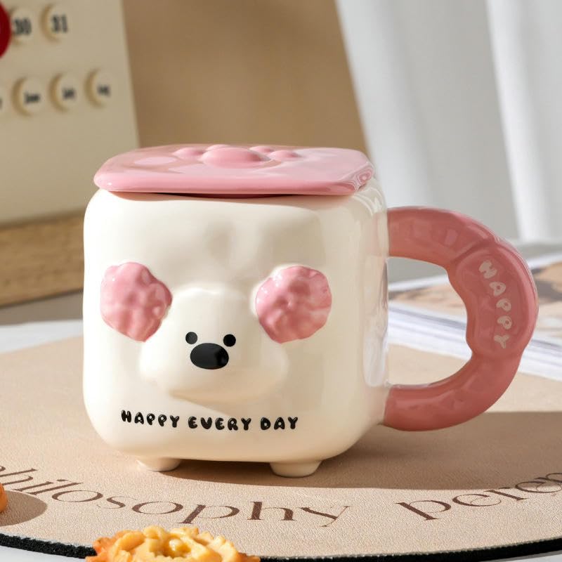 HUMOCHUSON Mug Taza De Cerámica Con Tapa Para Café Y Leche Con Forma De Cachorro De Orejas Grandes De 360 Ml, Ideal Para Niñas.