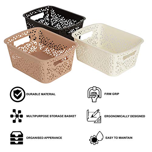 Image of Cutting Edge Essentials Plastic Storage Baskets /Shelf /Turkish Rack without Lid - Set of 3 for Fruit Vegetable Bathroom Stationary Home Basket with Handle (Brown, Beige & White, Small)